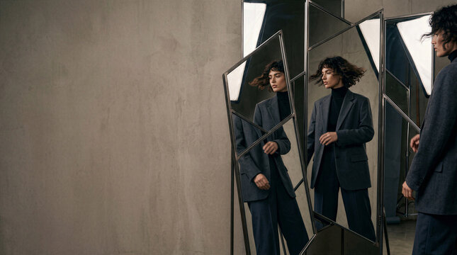 Elegant Young Woman Professional Wearing Charcoal Gray Wool Blazer And Turtleneck Posing Among Reflective Mirrors Studio Environment Abstract Concept Of Self Perception Reflection Fashion Concept