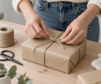 Close up POV of hands wrapping a brown paper gift with twine for moong dal organic food packaging and sustainable crafts