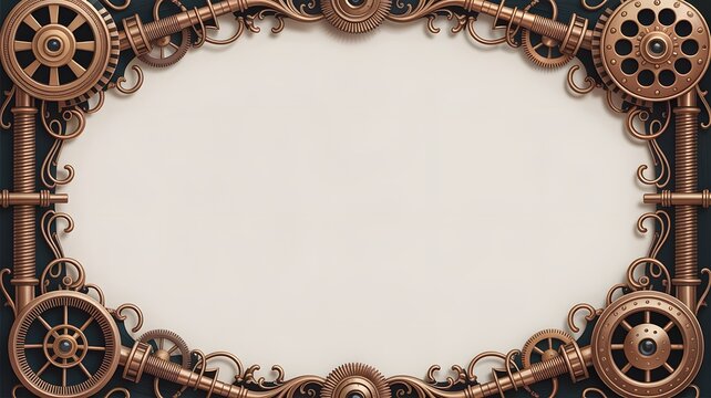 Decorative steampunk frame featuring intricate brass cogs and metal gears surrounding a central blank space