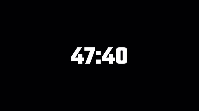 Fifty two minute countdown timer animation on transparent background in sixty seconds