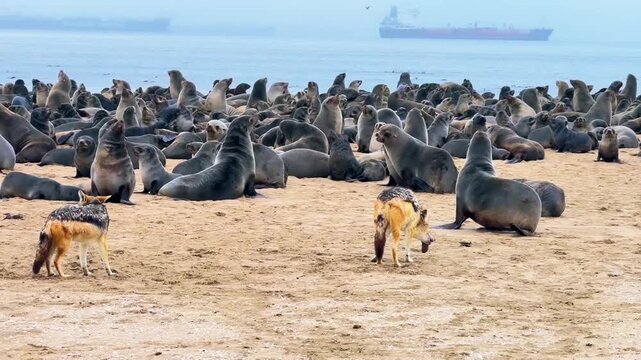 Jackals Competing for Food Among Cape Fur Seals, Skeleton Coast, Namibia