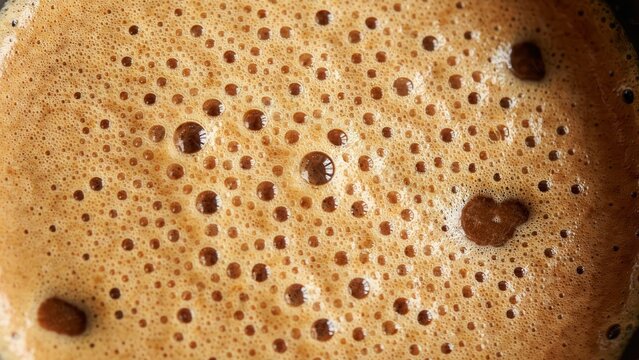 Closeup view of fresh coffee crema with bubbles in a cup
