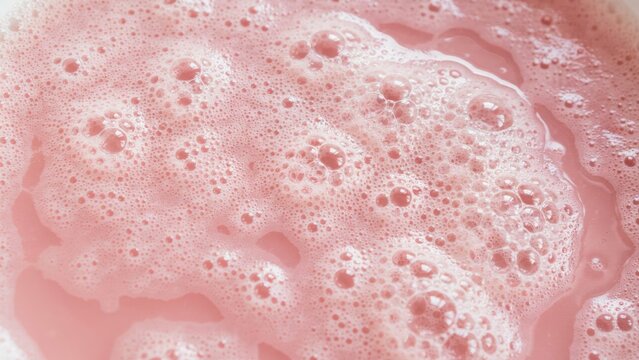 Closeup of pink foamy liquid surface with bubbles