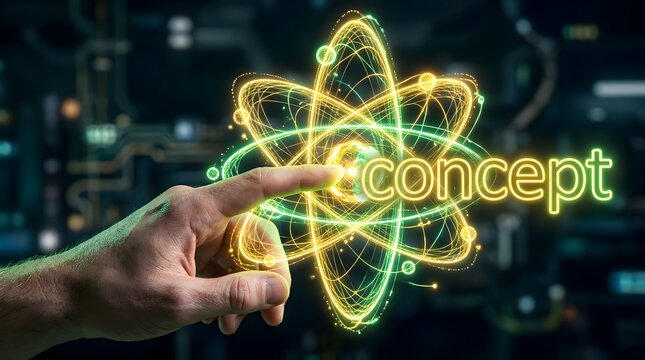 Scientist hand touching glowing digital atom structure and nuclear particle physics symbol with the word concept integrated into the design on a futuristic blue high-tech background for innovation