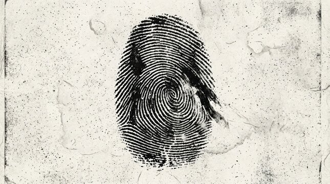 Black fingerprint identification scan on vintage aged paper texture for forensic investigation