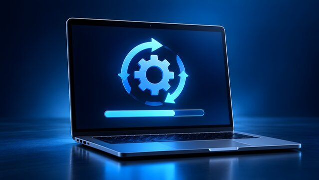 Laptop Computer with Glowing Gear Icon and Loading Bar Representing Software Update and System Maintenance