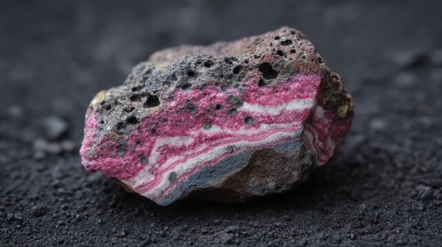 Vibrant Rhodochrosite Specimen Displaying Striking Pink and White Banding on Dark Volcanic Rock