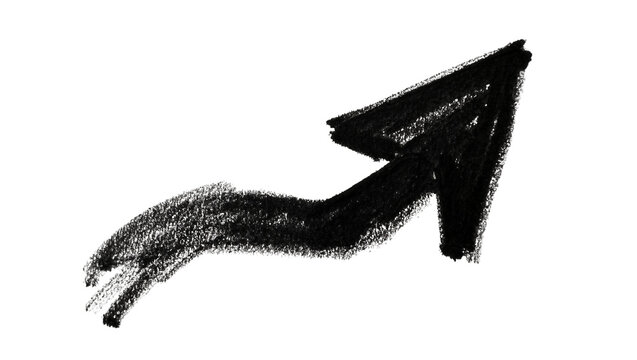 Rough black charcoal arrow pointing upwards, isolated on transparent background
