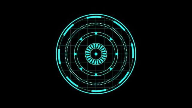 Futuristic HUD circular interface with rotating ring animation. Modern Cyan digital circle Hud target concept. 