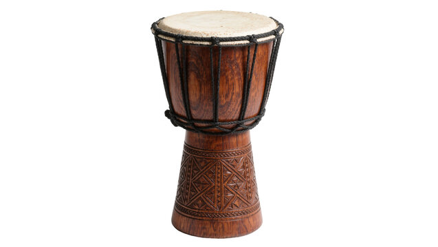 Carved wooden djembe drum with natural skin head, isolated on transparent background
