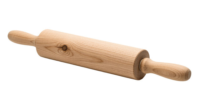Natural wood rolling pin with handles, isolated on transparent background
