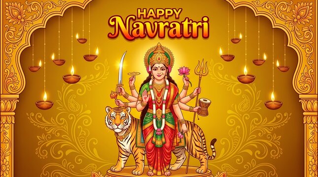 illustration of Indian festival Navratri greetings design with goddess Durga and tiger , Happy Navratri illustration design.
