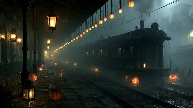 Spooky vintage train station decorated with glowing jackolantern pumpkins under dim evening lights in misty weather