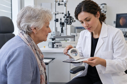 Low Vision Optometrist Performing Visual Field and Acuity Exam