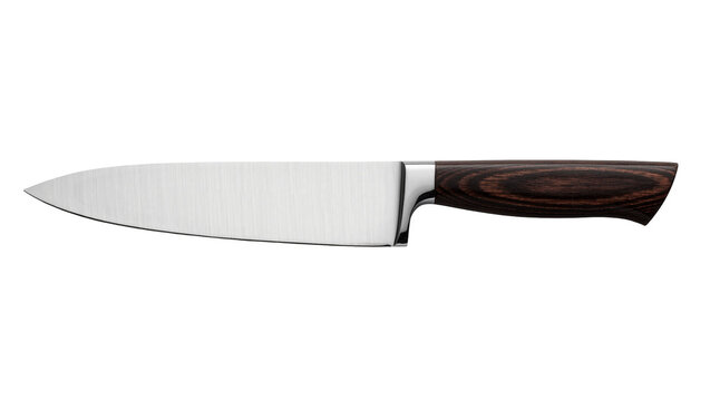 Sharp stainless steel chef s knife with dark wood handle, isolated on transparent background