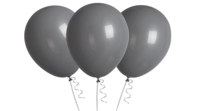 Three grey balloons with curly ribbons, isolated on transparent background
