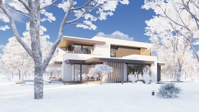 Panning 4K video of a contemporary luxury house exterior in winter with white facades, large glass windows, and a snowy landscape.