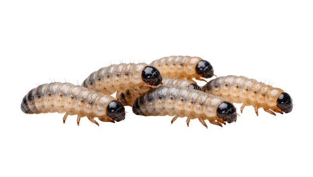 Group of grub larvae with segmented bodies and black heads, isolated on transparent background