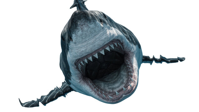 Great white shark with open mouth and sharp teeth, isolated on transparent background