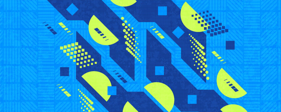 Dynamic and Geometric Background with Semi Circles, Blue Squares and Dotted Patterns on Blue Textured Background