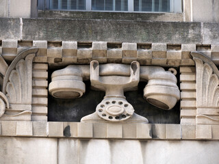 Art Deco Stone Carved Rotary Telephone Facade Ornament Cincinnati © Izanbar photos