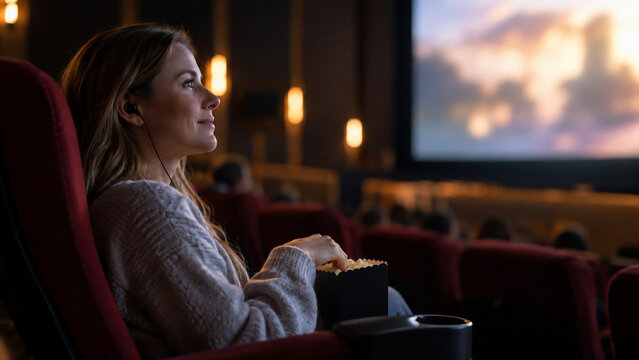 Moviegoer Using Audio Description Wireless Headset in Cinema