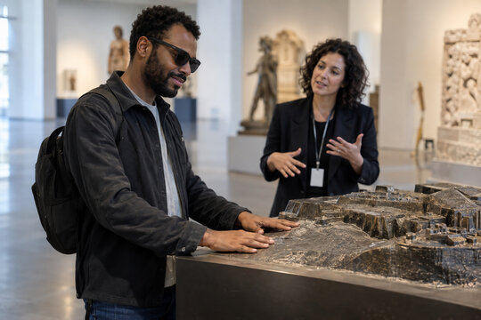 Hands Exploring Tactile Sculpture Exhibit at Accessible Museum