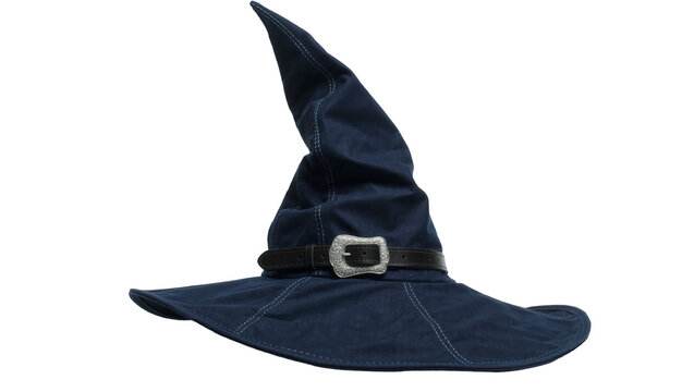 Dark blue fabric witch hat with black leather band and silver buckle, isolated on transparent background
