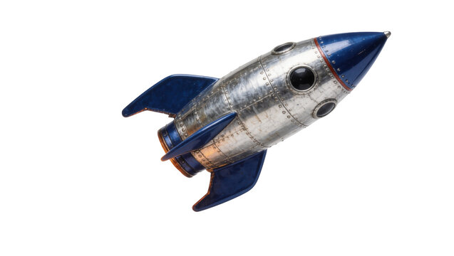 Retro metal rocket ship with blue fins, isolated on transparent background