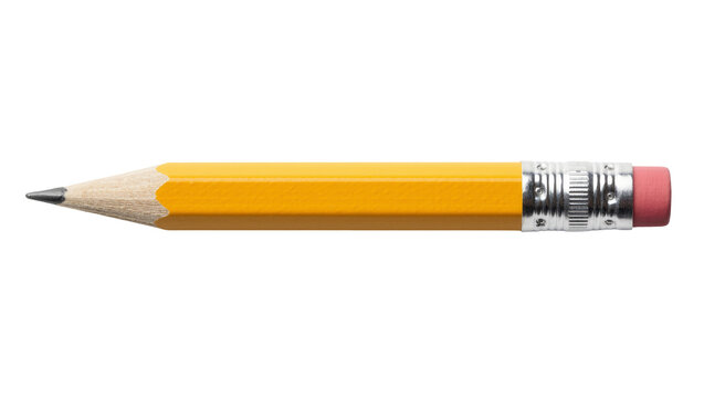 Yellow hexagonal pencil with sharpened graphite tip and pink eraser, isolated on transparent background