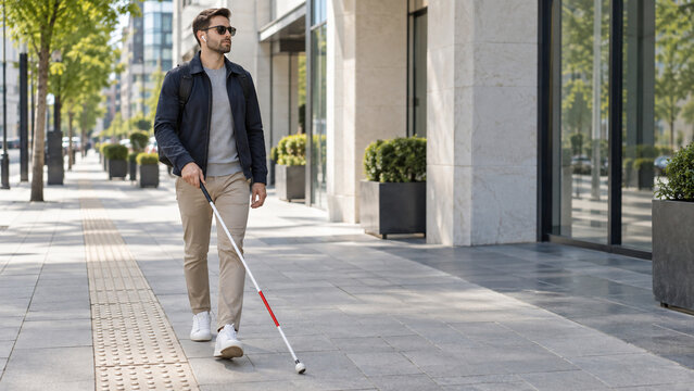 Person with White Cane Using GPS Audio Navigation Smartphone App