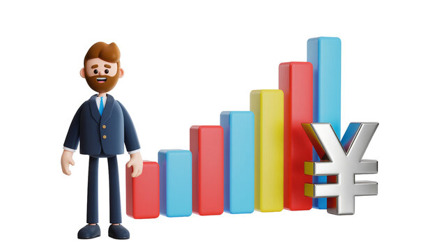 Cartoon businessman standing next to colorful bar graph and Yen symbol, isolated on transparent background