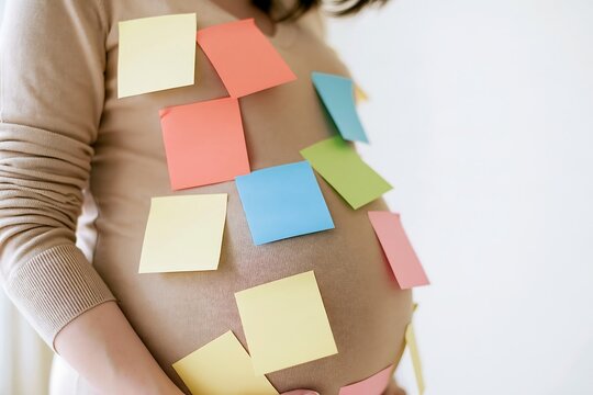 Pregnant belly covered with colorful blank sticky notes, visual metaphor for pregnancy brain, forgetfulness, mental overload, reminders and maternal cognitive changes