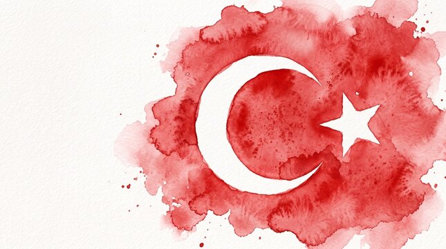 Artistic red watercolor splash painting forming the Turkish crescent and star flag on white textured paper
