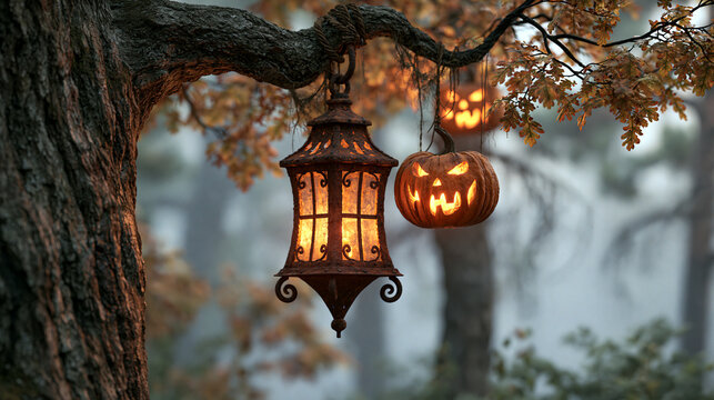 Ornate iron lantern and glowing jack-o-lantern hang from a sturdy oak tree in autumn forest