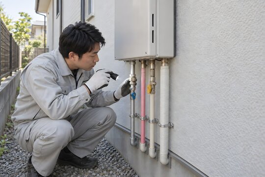 給湯器の配管接続部を懐中電灯で点検する住宅設備作業員