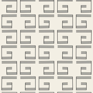An elegant seamless geometric pattern featuring hand-drawn black Greek key or maze-like line motifs on a neutral cream background.