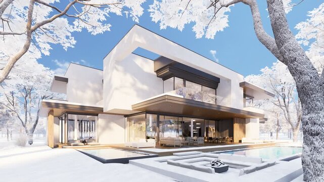 Panning 4K video of a contemporary luxury house exterior in winter with white facades, large glass windows, and a snowy landscape.