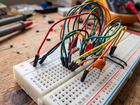 Electronic breadboard with colorful wires, resistors, and an LED for prototype circuit building.