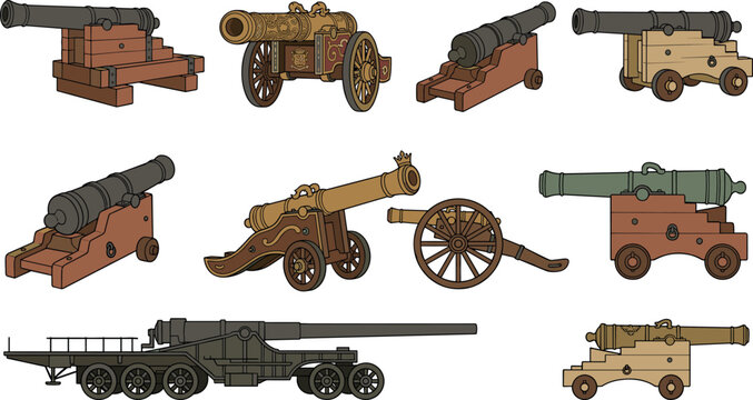 Vintage artillery and historic cannon vector set featuring antique naval cannons field guns and heavy siege artillery weapons