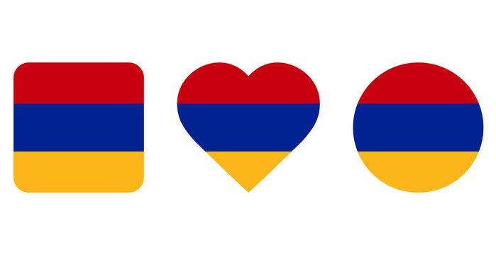 Armenia national flag icon collection featuring rectangular, heart and circular shapes with red, blue and orange horizontal stripes, flat vector illustration isolated on white background