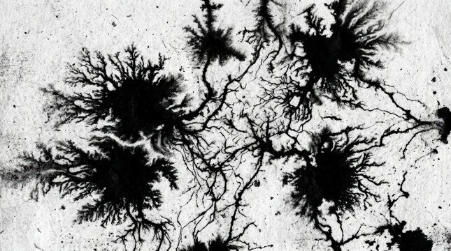 Black ink splattered and spread on white paper creates abstract organic shapes and fractal patterns