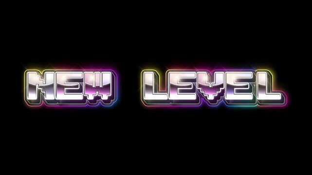 Discover your New Level with this retro-futuristic typographic design featuring a vibrant, neon-like glow and metallic sheen on a dark background, perfect for gaming or motivational content
