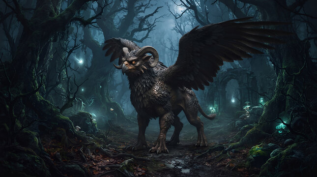A majestic griffin-like chimera creature with a lion body, eagle head, ram horns, and powerful wings standing in a spooky, misty ancient forest with stone ruins and blue glowing orbs of light at night
