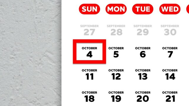 Red cursor highlighting October 4th on a 2026 wall calendar page. United States calendar style, Sunday start week layout