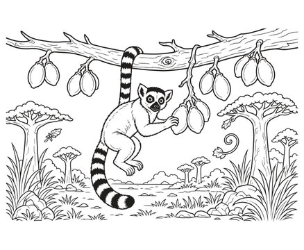 Cute ring tailed lemur in a baobab forest coloring page for kids.