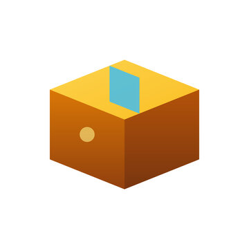Orange cardboard box icon with blue document inserted for storage and archives.