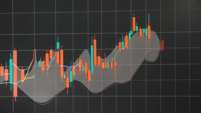 Candlestick stock charts with moving averages on a dark grid background during a financial market analysis