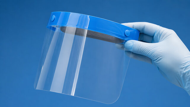 Gloved hand holding clear face shield against blue studio background