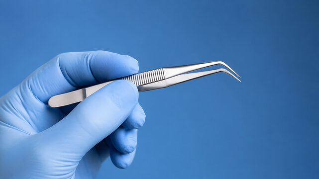 Gloved hand holding precision tweezers against blue background
